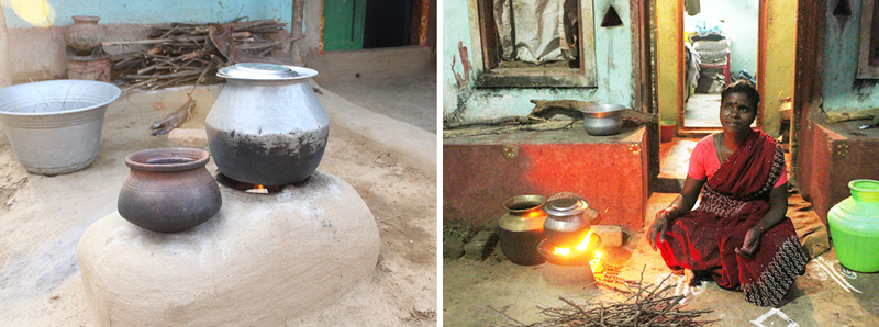 印度農村傳統火爐等，危險的居家設備很容易導致家庭意外；右圖是印度婦女用地上的火爐煮菜，她們穿的莎麗服容易衍生失火。在印度，大比例燒傷者是婦女。