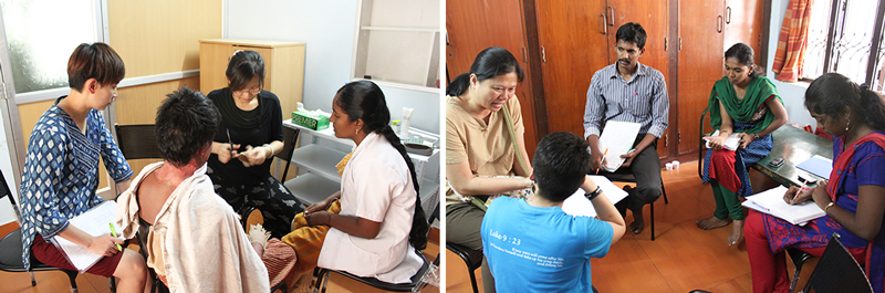 陽光同仁協助印度傷友修改壓力衣，陽光社工也和PCVC分享討論工作流程與紀錄