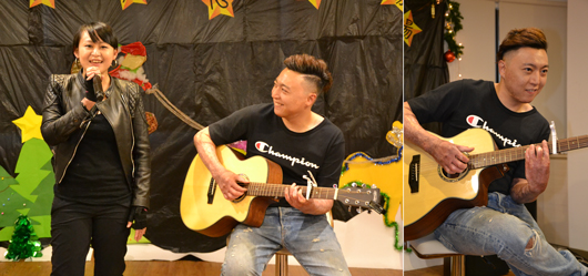 (左圖)八仙傷友韓寧(左)與蘇庭緯歌唱表演;(右圖)傷友蘇庭緯傷後苦練吉他重返舞臺。