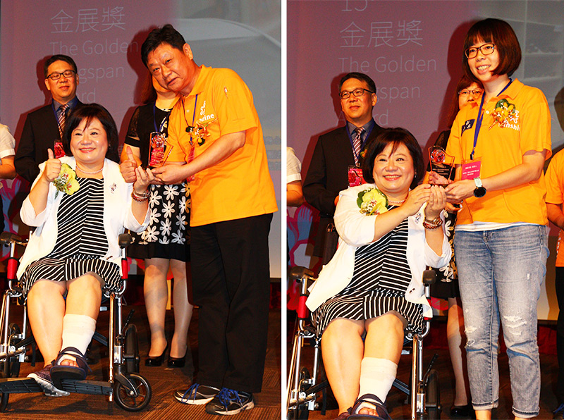 陽光汽美和平店代理店長徐博文(左圖右)、加油站組長王子柔(右圖右)獲勞動部勞動力發展署副署長施貞仰頒發優等獎。